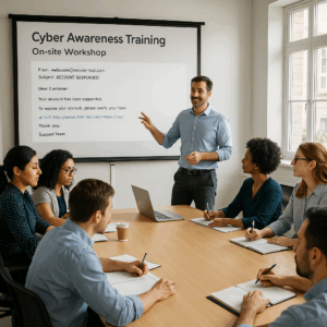 Cyber awareness training on-site workshop with instructor and participants