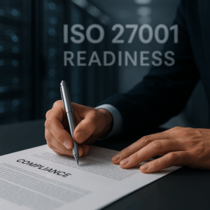 ISO 27001 readiness service – compliance consultant reviewing gap analysis report with client in office meeting