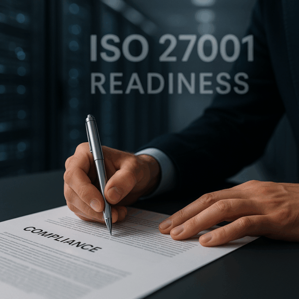 ISO 27001 readiness service – compliance consultant reviewing gap analysis report with client in office meeting