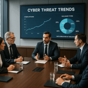 Board Cyber Briefing – senior executives in a meeting discussing cyber security threats and strategy, 2-hour leadership session