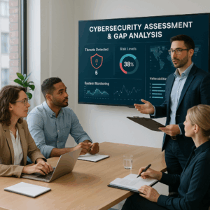 Small business cybersecurity assessment and gap analysis – team reviewing security posture and risks